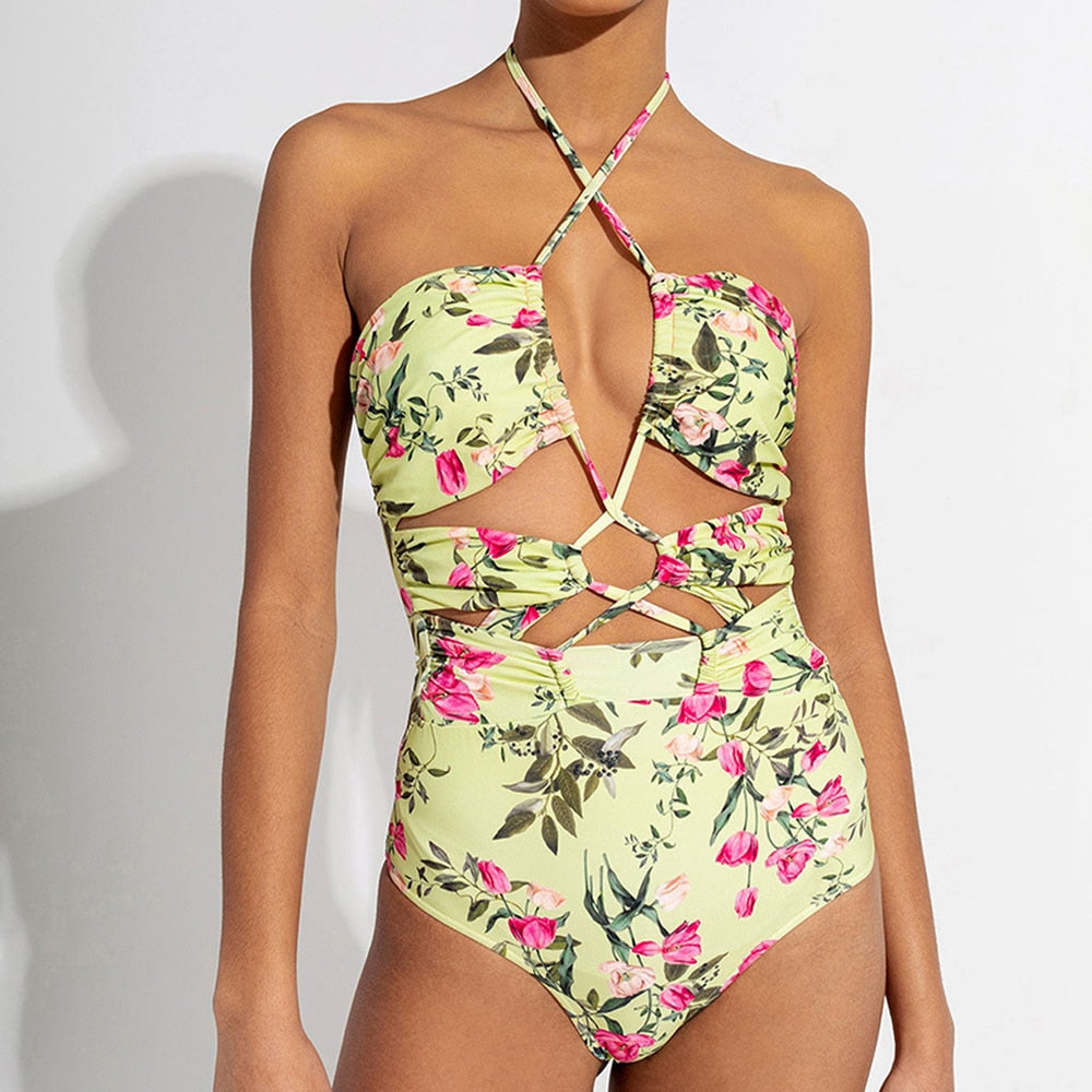 Green Floral Ruffle Three-Piece Swimsuit Triangle Cutout Sexy Bikini High Waist Open Back Beachwear and Chiffon Cover Up