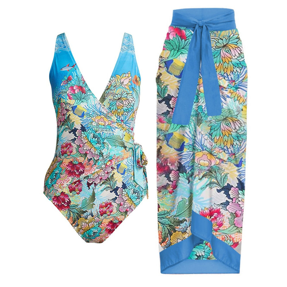 Women One Piece Swimsuit Swimwear Cover Up Retro Holiday Beach Dress Skirt Backless Summer Elegant Surf Wear Bathing Suit