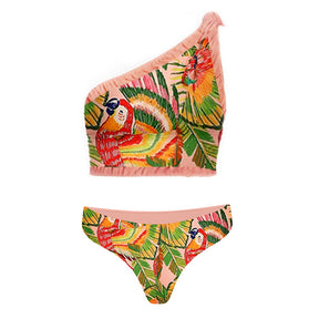 Vintage One-Shoulder Embroidered Print Bikini And Fringe Skirt Backless Cutout Swimsuit and Sexy Thong Fashion Lace-Up Beachwear