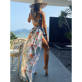 Leaf Printed Sleeveless Bandage Split Bikini + Cover Three-Piece High Waist Cropped Backless Sexy Gathering Pool Wear Women