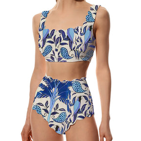 Blue Coconut Print Fashion Swimsuit One Piece Sling Beachwear Push Up High Waist Seamless Patch Bikini Crew Neck Elegant