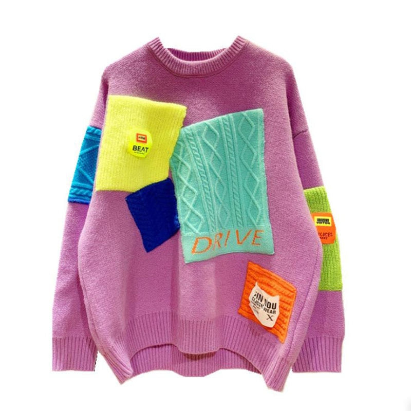 High Quality Women Girl full Sleeve Pullover Crew neck cute Patchwork Pink Purple Casual Loose sweaters Knitwear Jumper Tops