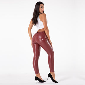 Bum Lift Leggings Skin Tight Dark Red Leather Pants Tall Faux Leather Trousers Stretch Slim Fit Mid Rise Pants