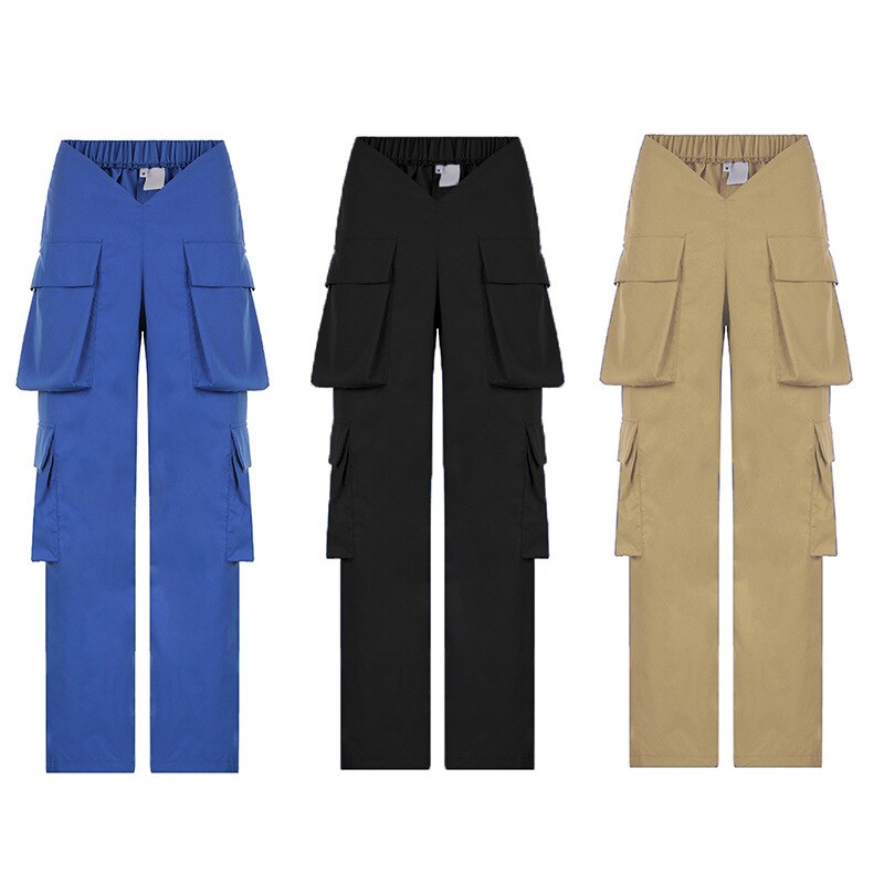Causal Cargo Pants Women Spring Sexy V Shape Elastic Waist Trousers Solid Pocket Straight Overalls High Street Girls Clothes