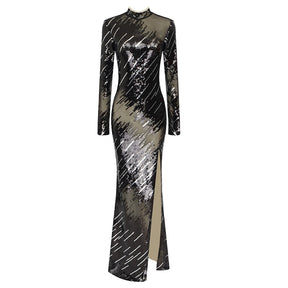 Black/Silver Sequin Dress For Women Diagonal Stripes Design Stand-up Collar Long-sleeved Back Hollow Side Slit Long Skirt