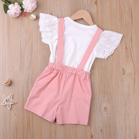 Flying Sleeve White Short Sleeve 2Pcs Girl Set Children Clothing Sets Kids Clothes Girls