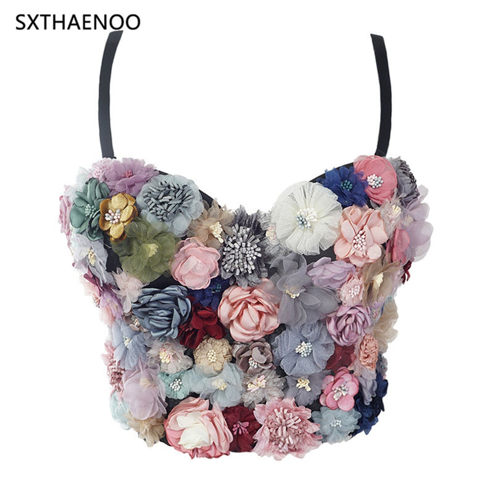 Charming Applique Floral Corselets Woman Bachelorette Bustier Bra Cropped Top