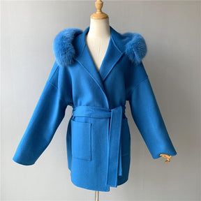 cashmere Wool Coat with Real Fox Fur Collar Winter Women Hood Outerwear Belt