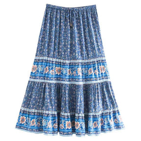 Boho Inspired blue long floral skirts womens Summer Bohemian Holiday boho Beach Skirt for women elastic waist new summer Skirt
