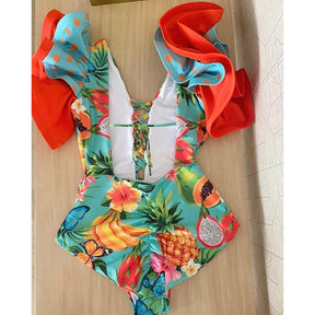 New Sexy Ruffle Print Floral One Piece Swimsuit Off The Shoulder Swimwear Women Solid Deep-V Beachwear Bathing Suit Monkini