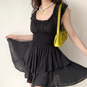 Boho Inspired shirred ruffled neckline tiered mini summer dress rayon black sexy women dress cute puff sleeve boho dress new