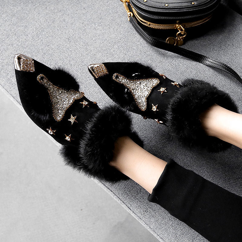 Women Rabbit Fur Snow Boots Autumn Winter Fashion Ladies Metal Pointed Toe Shoes Female Plush Thick Heel Ankle Boots High heels