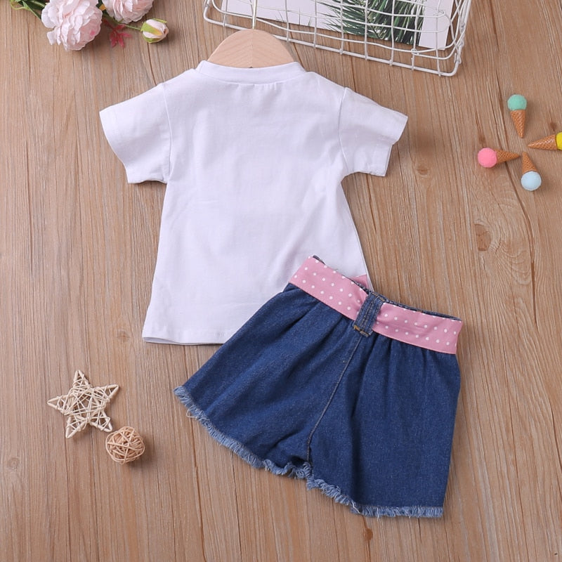 T-Shirt+Denim Shorts 2Pcs Clothing Sets Baby Girl Clothes Kids