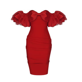 Evening Dress Sweet Temperament Ruffled Bow Decoration Draped Design Formal Dress Sleeveless One-Line Neck Bandage Dress