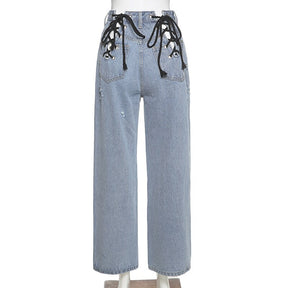 Wide Leg Pants Slim Hollow Out Strap Design Loose Straight Jeans Casual Pants Sexy Hgh Waist Jeans