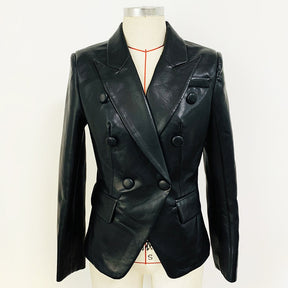 Blazer Women New Fashion Double Breasted PU Leather Button Slim Suit Pink jackets spring High Quality