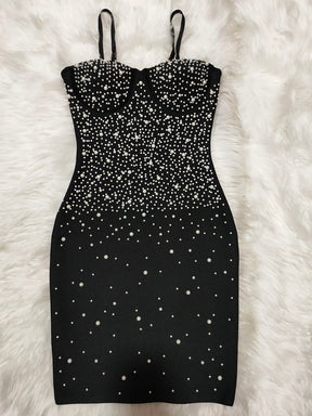 Pearl Beading Bandage Dress Mini Spaghetti Sleeveless Elegant Black Red White Bodycone Sexy New V-Neck Lady Vestidos