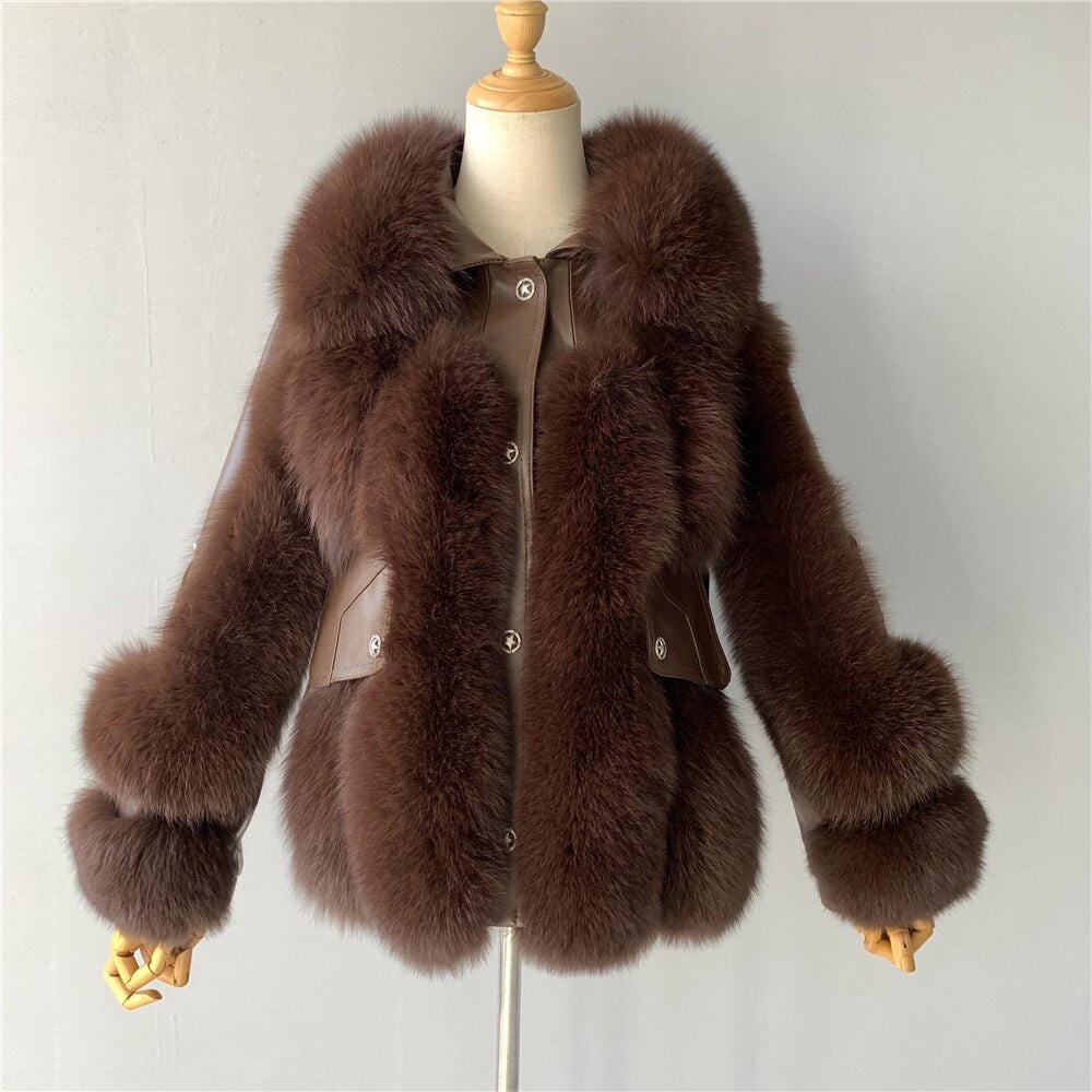 Genuine Sheepskin Leather Jackets With Fox Fur Winter Thick Warm Fashion Lady Coats Overcoats Luxury Big Fur Coat