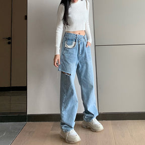 Vintage Asymmetrical Waist Hole Straight Jeans Womens Loose Denim Pants Casual Wide Leg Pants Streetwear Mom Jeans