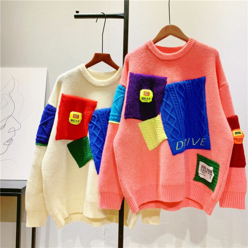 High Quality Women Girl full Sleeve Pullover Crew neck cute Patchwork Pink Purple Casual Loose sweaters Knitwear Jumper Tops