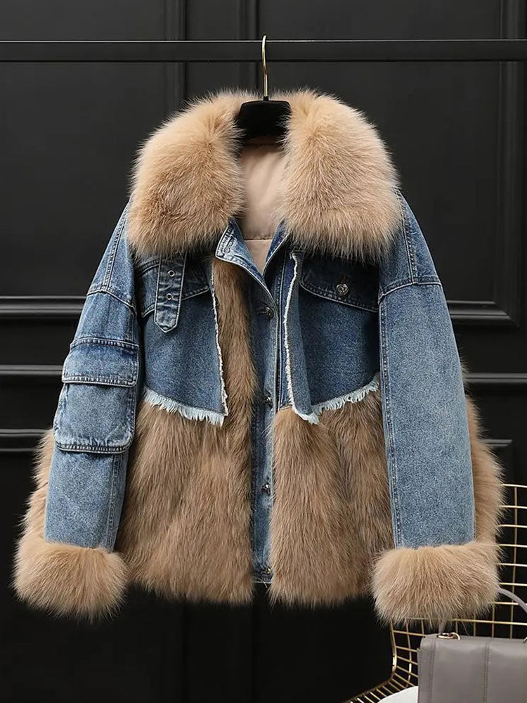 Fashion Denim Stitching Women High Quality Faux Fur Coat Winter WarmLong Loose Fur Teddy Bear Plush Coats