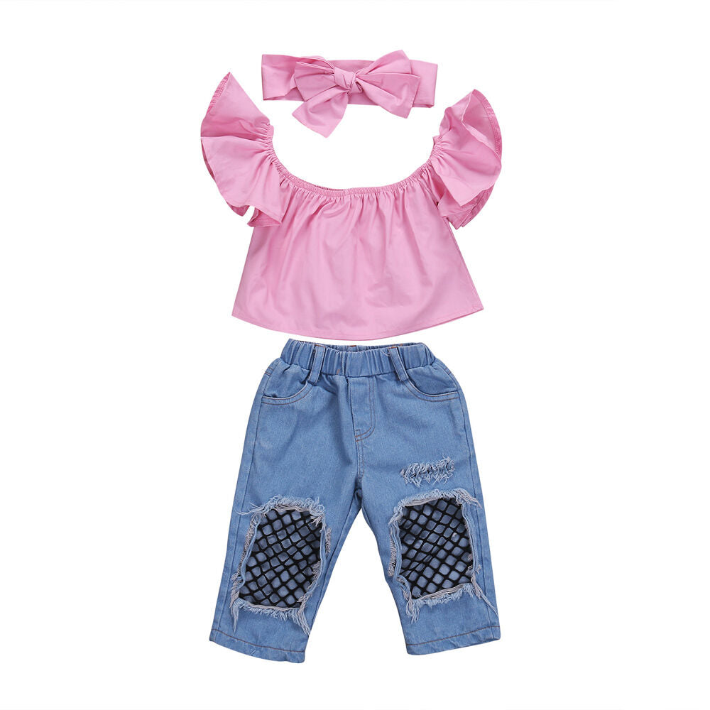 3Pcs Toddler Baby Girl Clothes Pink Off Shoulder Tops Ripped Denim Pants Jeans Headband Kids Summer Outfits Set