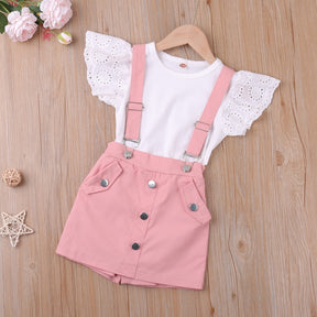 Flying Sleeve White Short Sleeve 2Pcs Girl Set Children Clothing Sets Kids Clothes Girls