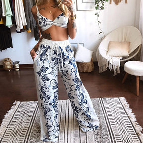 Summer Homewear Outfits Casual Butterfly Print Women Two Piece Set Ladies Elegant Bra Tops+Wide Leg Pants Loose Suits Streetwear