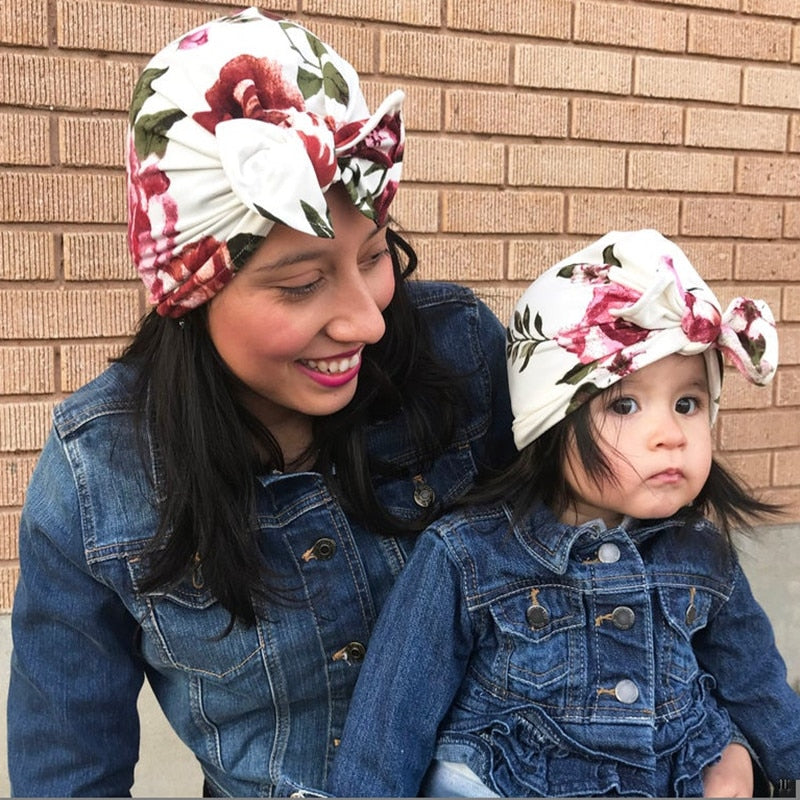 Mom and Baby Headbands Set Spring and Autumn Leopard Flower Printed Turban Infant Headwrap for Newborn