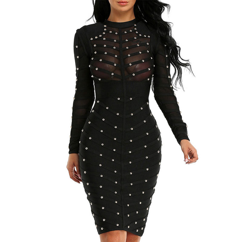 Women Black Dress Bandage Sexy Mesh Hollow Out Midi Beading