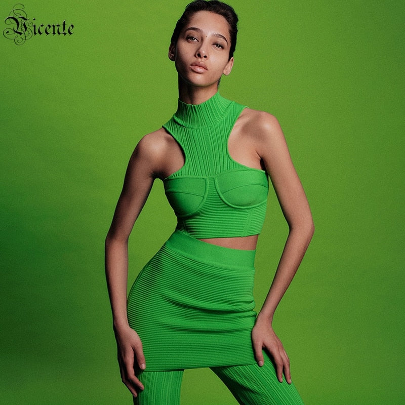VC Green Fake Two-piece Hakama Women&#39;s Sleeveless Stand-up Collar Cropped Blouse And Two-piece Trousers