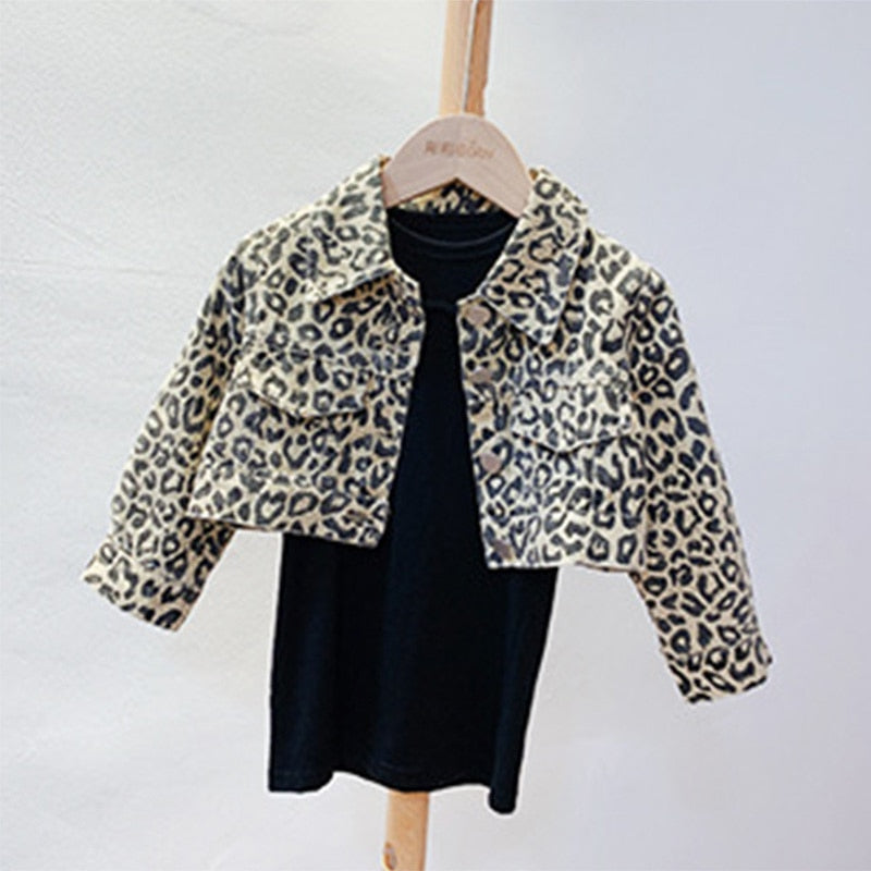 2022 Spring New Coat Dress 2 Pieces Set Leopard Print Jacket Black Dress Kids Girls Clothes Outfits