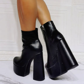 Platform High Heel Ankle Boots Goth Cool Black Print Zipper