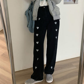 Denim Jeans Women Simple Casual Straight Mopping Harajuku Heart Print Loose Chic High Street Hot Sale Trousers