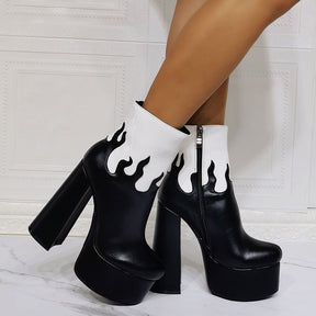 Platform High Heel Ankle Boots Goth Cool Black Print Zipper