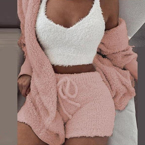 3PCS Pajama Set Women Sexy Fluffy Suit Velvet Plush Robe Set Soft Warm Sleeveless Sweater Loungewear