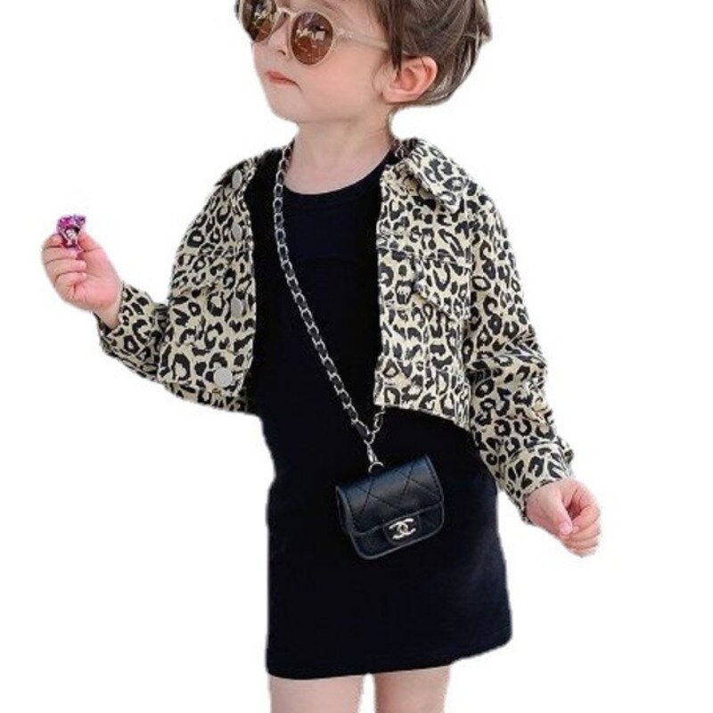 2022 Spring New Coat Dress 2 Pieces Set Leopard Print Jacket Black Dress Kids Girls Clothes Outfits