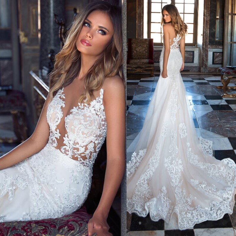 Lace Wedding Dresses White For  Mermaid Sexy Luxury Illusion  Formal Bridal Gowns
