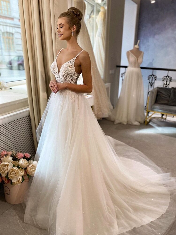 Sexy Deep V-Neck Spaghetti Strap Wedding Dress Off-Shoulder Backless Sleeveless A-Line Illusion Tulle Sweep Train Hot Sale