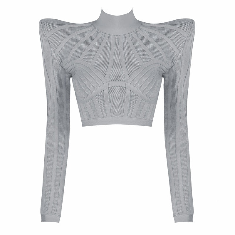 Chic Gorgeous Jacquard Striped Splicing Design Long Sleeves Celebrity Party Club Bandage Crop Tops