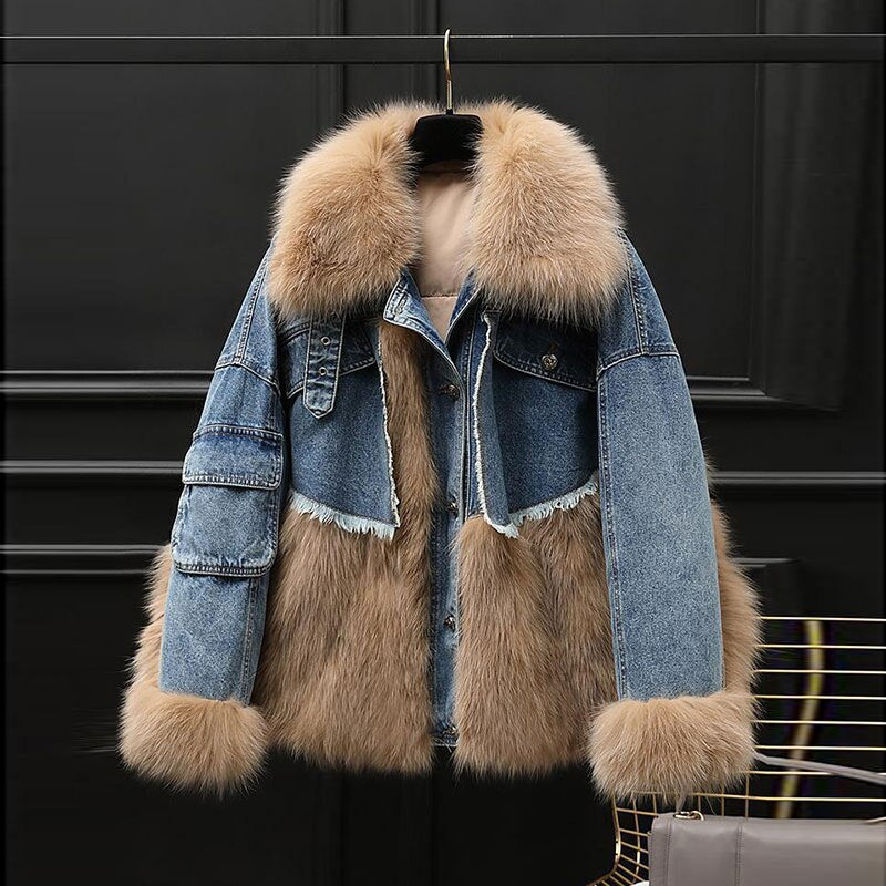 Fashion Denim Stitching Women High Quality Faux Fur Coat Winter WarmLong Loose Fur Teddy Bear Plush Coats