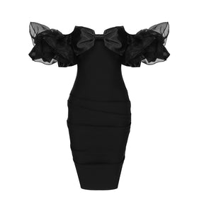 Evening Dress Sweet Temperament Ruffled Bow Decoration Draped Design Formal Dress Sleeveless One-Line Neck Bandage Dress