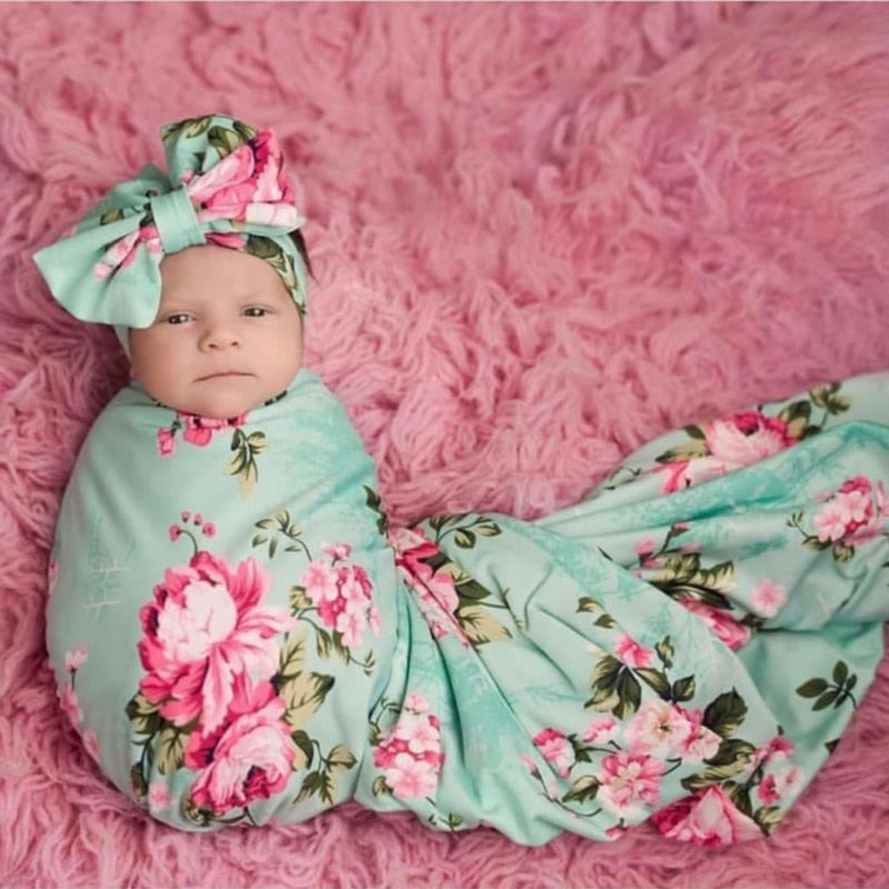 Newborn Baby headband Turban swaps Infant Baby bow headbands +Swaddle Blanket Boy Girl Floral Baby Wrap