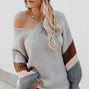 Fashion Knit Sweater Women Elegance V-neck Lantern Sleeve Winter Pullover Loose Oversized Striped Streetwear