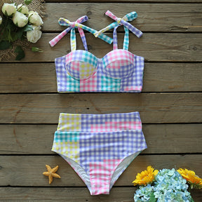 Colorful Plaid Bikini Set High Waist Swimwear Shoulder Strappy Bathing Suit Beachwear Biquini female