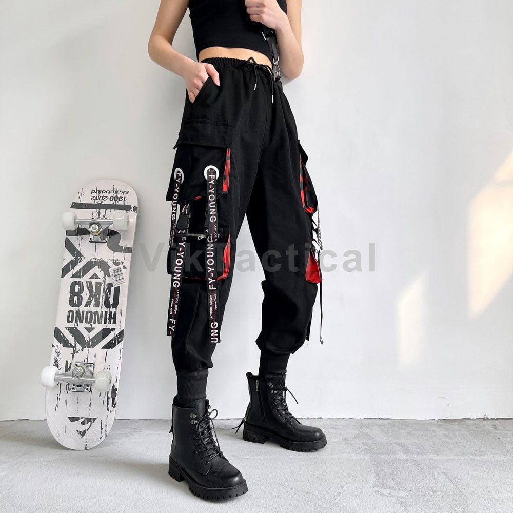 Women Cargo Pants 2022 Harem Pants Fashion Punk Pockets Jogger Trousers With Chain Harajuku Elastics High Waist Streetwear