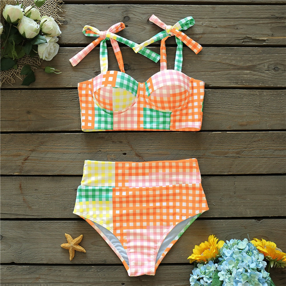 Colorful Plaid Bikini Set High Waist Swimwear Shoulder Strappy Bathing Suit Beachwear Biquini female