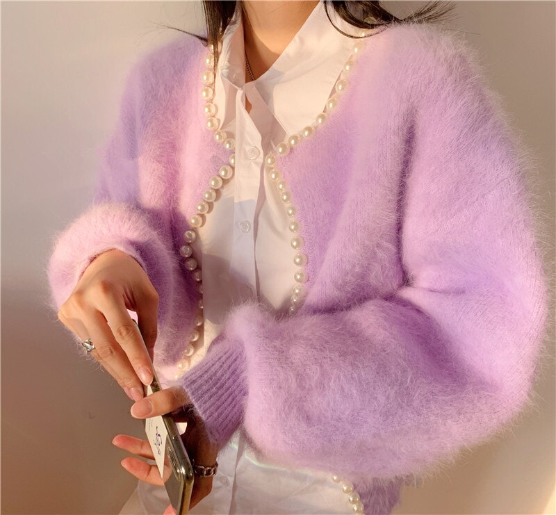 Fashion Pearl Imitation Mink Cashmere Sweaters Cardigan Winter Women Sofit Warm Knitted Lantern Sleeve Loose Solid Cardigan coat
