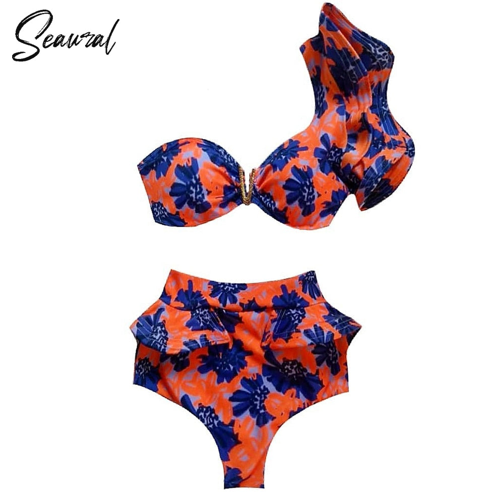 New High Waist Bikini Set One Shoulder Swimsuit Print Floral Brazilian Swimming Suit Bathing Suit Summer Beach Wear biquini