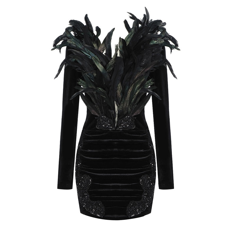 Dresses Women Feather Beaded Sequin Decorative Design Long Sleeve Draped Black V-Neck Short Velvet Dress